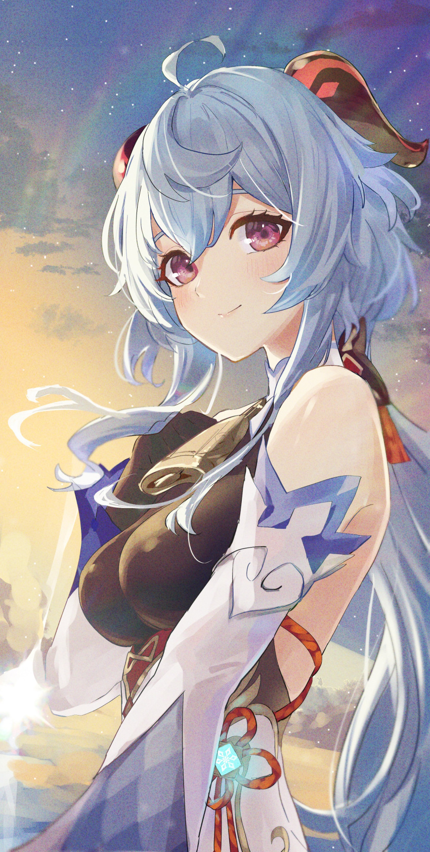 1girl, absurdres, ahoge, bangs, bare_shoulders, bell, black_gloves, blue_hair
