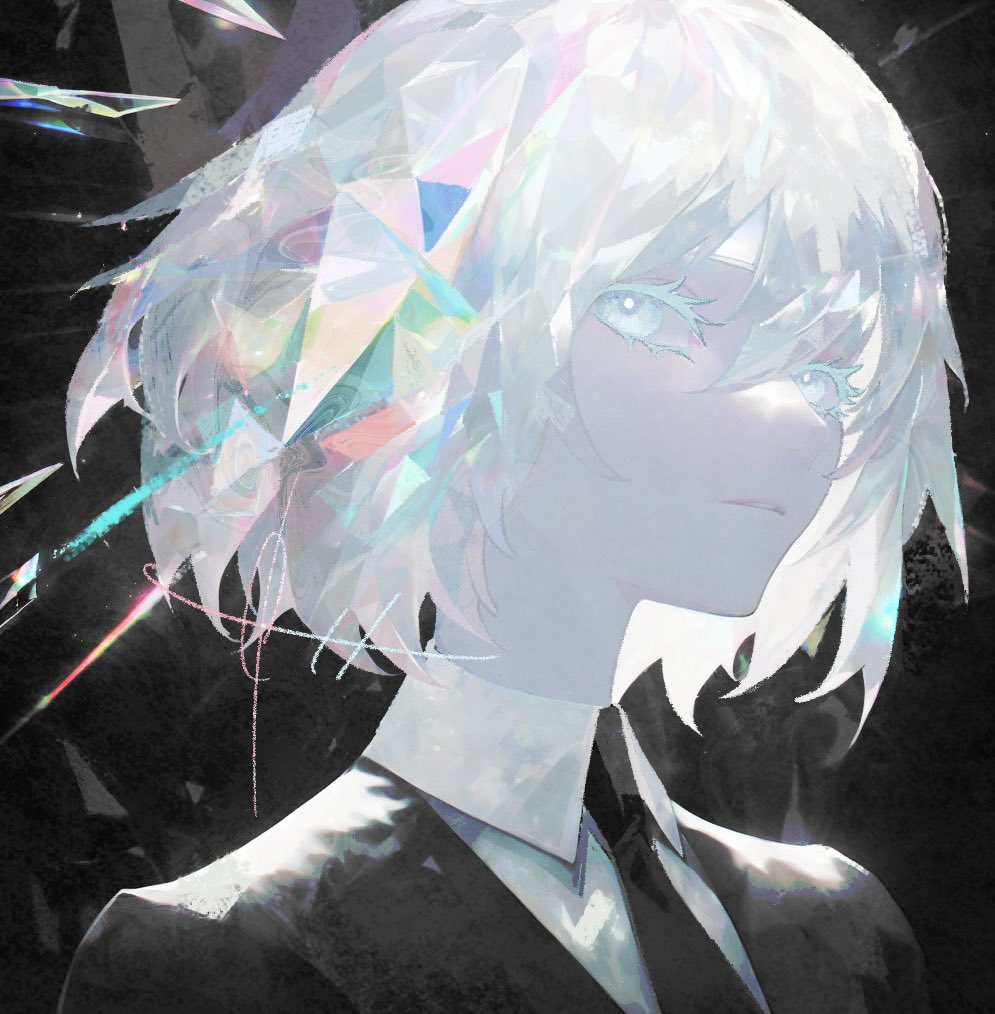 1other, androgynous, bangs, black_background, black_necktie, black_shirt, blue_eyes, collared_shirt
