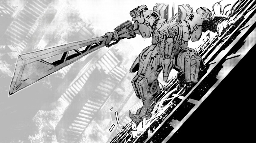building, greyscale, highres, holding, holding_sword, holding_weapon, kawasemi_alter, looking_down, looking_to_the_side, mecha, monochrome, no_humans, one-eyed, original, robot, science_fiction, sliding, solo, sword, weapon