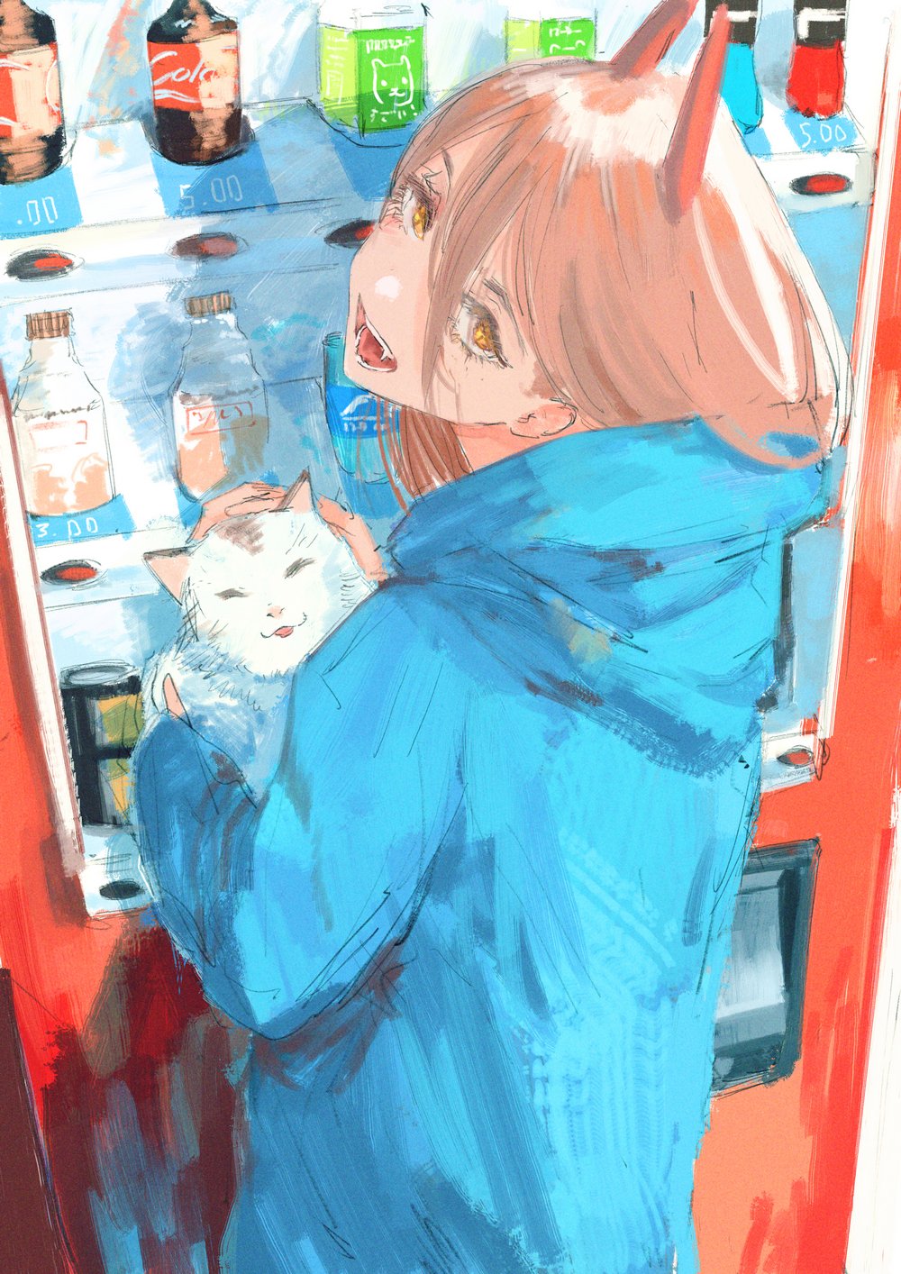 1girl, animal, blue_hoodie, carrying, cat, chainsaw_man, closed_eyes, fangs