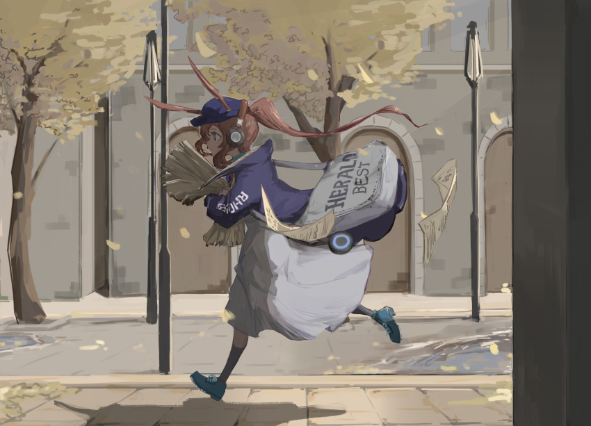 1girl, absurdres, amiya_(arknights), amiya_(newsgirl)_(arknights), animal_ears, arknights, bag, bangs, blue_eyes, blue_jacket, brown_hair, commentary_request, day, ears_through_headwear, full_body, hair_between_eyes, hat, headphones, highres, holding, holding_newspaper, jacket, long_hair, long_sleeves, looking_ahead, newspaper, nuegochi, official_alternate_costume, outdoors, ponytail, rabbit_ears, running, shoulder_bag, sidelocks, solo