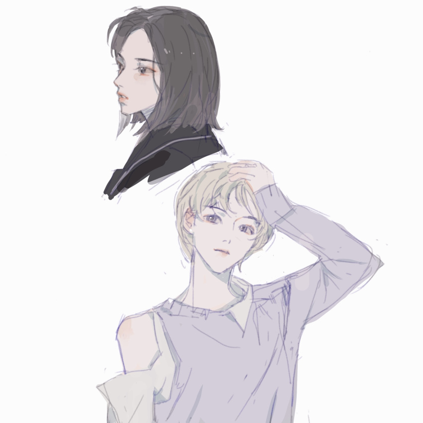 1girl, animification, blonde_hair, brown_eyes, brown_hair, clothing_cutout, grey_eyes, hair_behind_ear