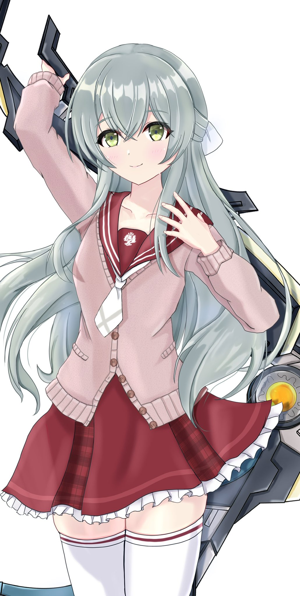 1girl, aqua_hair, assault_lily, bangs, bow, brown_cardigan, buttons, cardigan