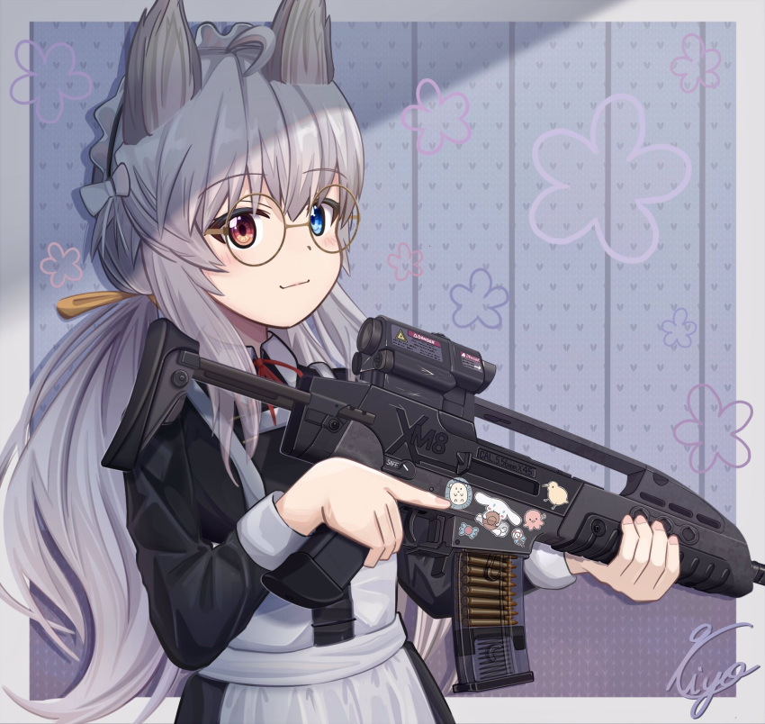 1girl, animal_ears, apron, border, cat_ears, cat_girl, glasses, h&amp;k_xm8, heart, heterochromia, highres, holding, holding_weapon, long_hair, long_sleeves, maid, maid_apron, makiyo_shine, original, smile, solo, weapon, white_border, white_hair