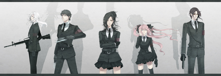 assault_rifle, beretta_92, crossed_arms, formal, glasses, gun, hair_over_one_eye, handgun