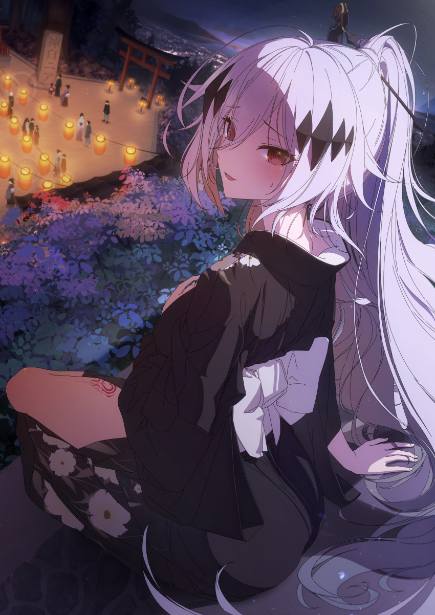 1girl, absurdres, arm_support, back_bow, bangs, black_kimono, blush, bow