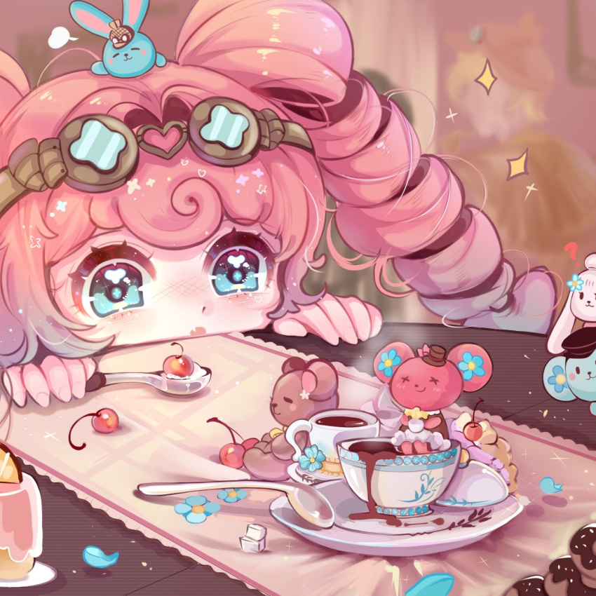 1girl, ace_attorney, bangs, blue_eyes, cherry, doughnut, drill_hair, food