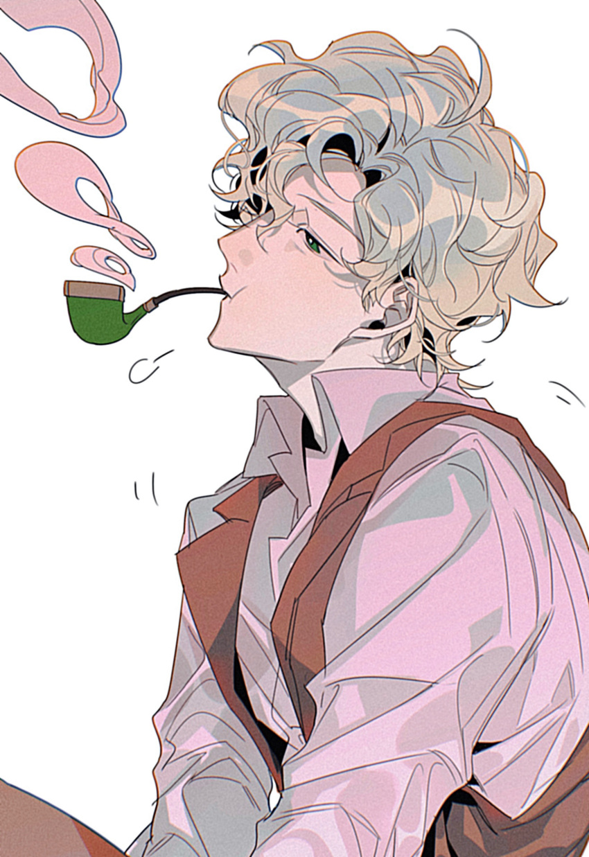 1boy, ace_attorney, blonde_hair, brown_vest, closed_mouth, collared_shirt, curly_hair, green_eyes