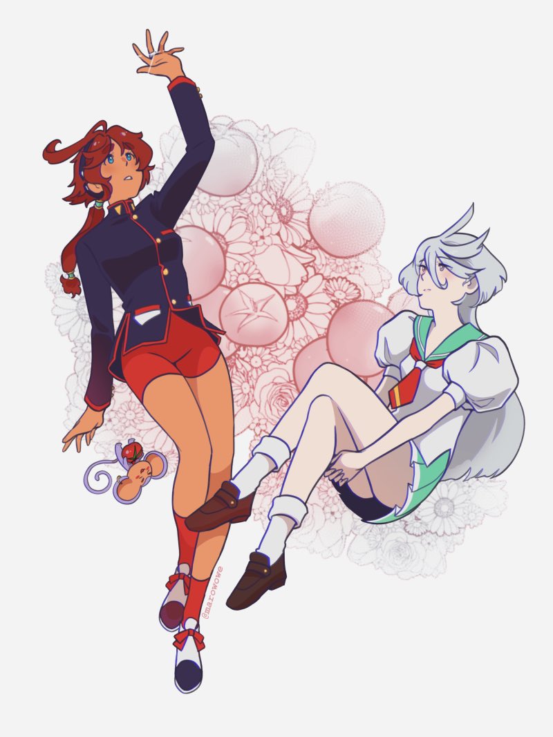 2girls, ahoge, blue_eyes, cosplay, english_commentary, flower, full_body, grey_eyes