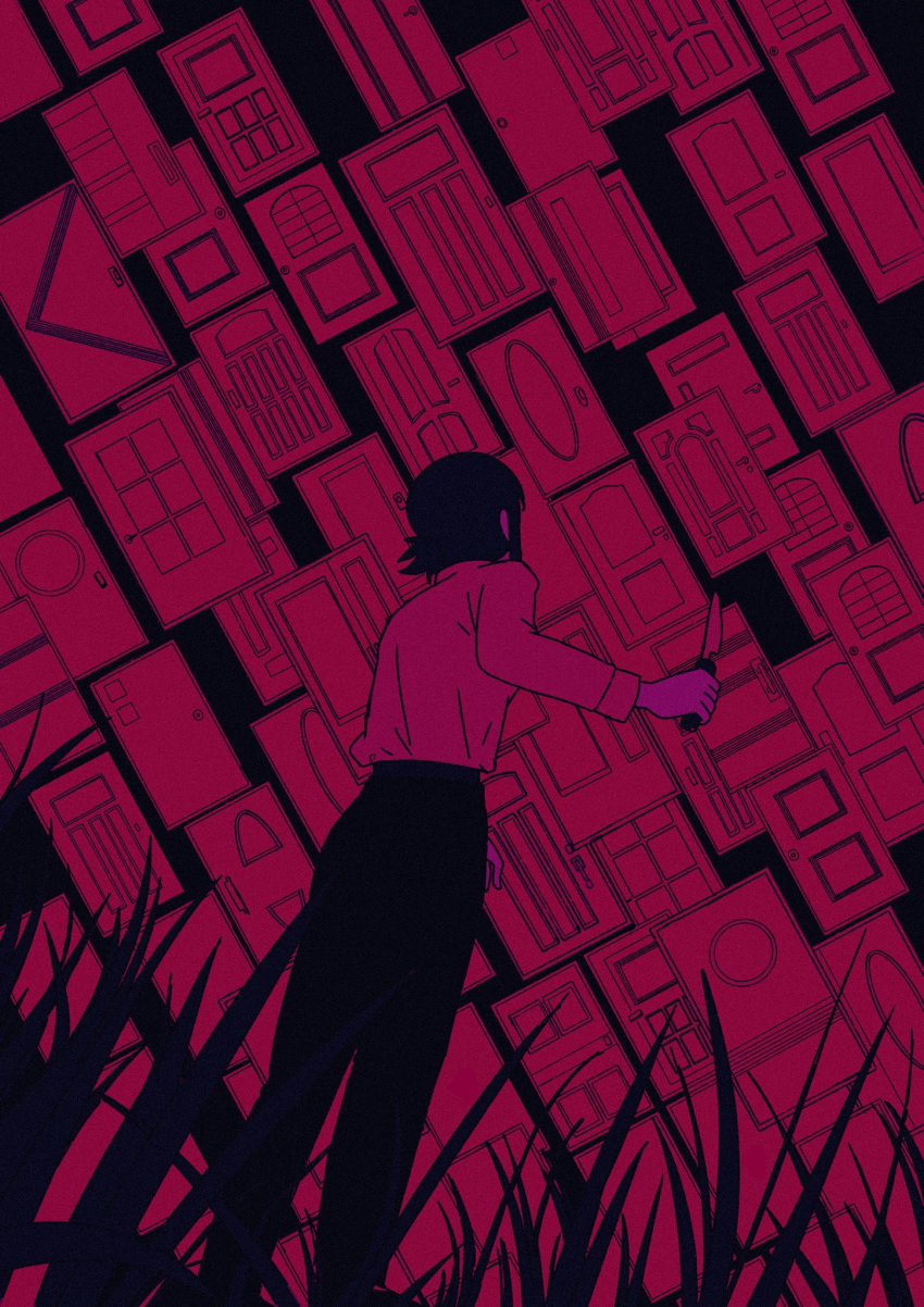 1girl, black_hair, black_pants, chainsaw_man, collared_shirt, dark, door, grass