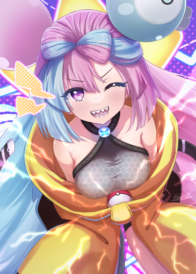 1girl, bow-shaped_hair, character_hair_ornament, hair_ornament, hexagon_print, iono_(pokemon), jacket, long_hair
