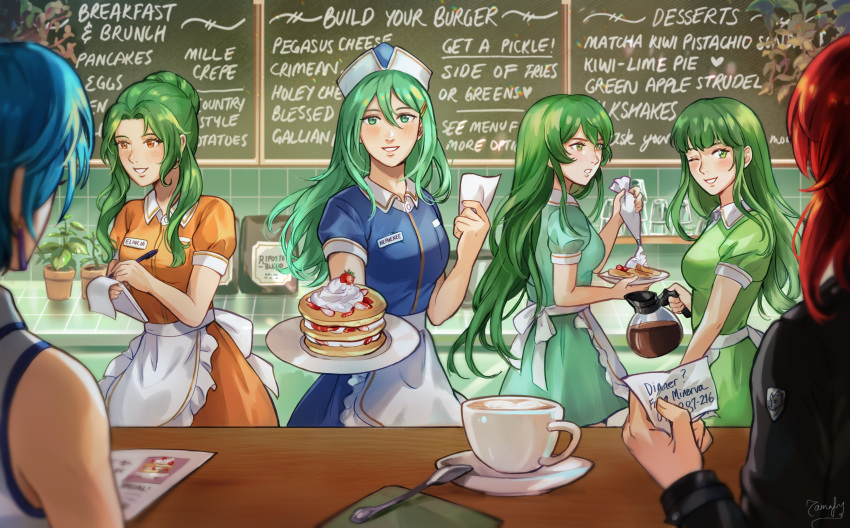 6+girls, absurdres, alternate_costume, apron, bangs, blue_hair, blunt_bangs, bow