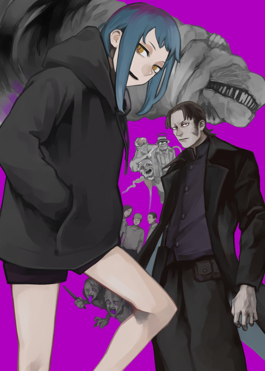 1girl, 6+boys, absurdres, akane_sawatari_(chainsaw_man), beanie, black_coat, black_hair, black_pants