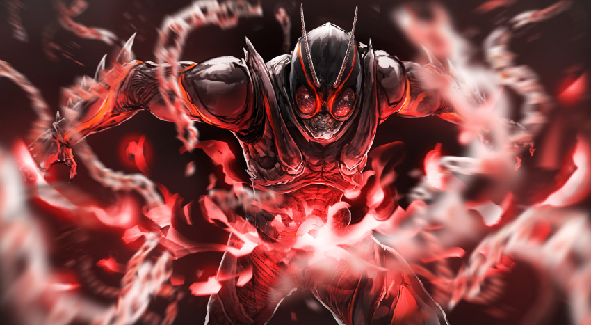 1boy, antennae, arm_blade, black_background, broken, broken_chain, chain, glowing
