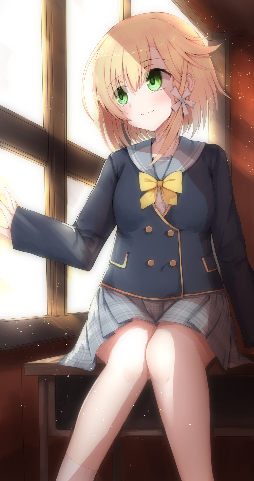 1girl, absurdres, bangs, blonde_hair, blush, breasts, cropped_legs, desk