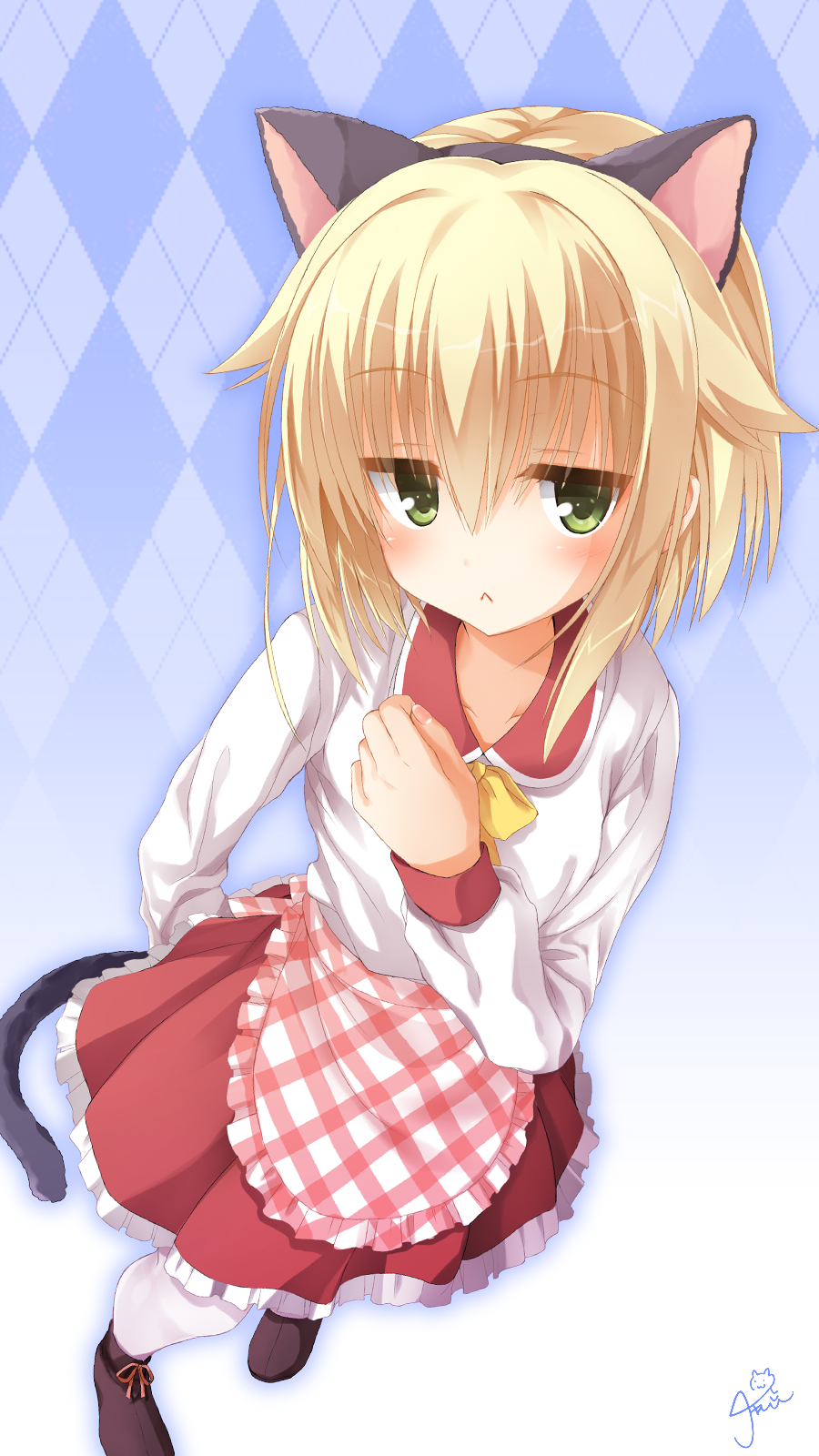 1girl, :<, animal_ears, apron, arm_behind_back, bangs, blonde_hair, blush, bow, bowtie, breasts, cat_ears, cat_tail, chaamii, eyebrows_hidden_by_hair, fake_animal_ears, frilled_skirt, frills, from_above, full_body, gradient, gradient_background, green_eyes, hair_between_eyes, highres, jacket, kariya_wakana, long_sleeves, looking_at_viewer, maid, pantyhose, red_apron, red_skirt, sanoba_witch, shoes, short_hair, sidelocks, skirt, small_breasts, sneakers, solo, tail, waitress, watermark, white_jacket, white_pantyhose, yellow_bow, yellow_bowtie, yuzu-soft