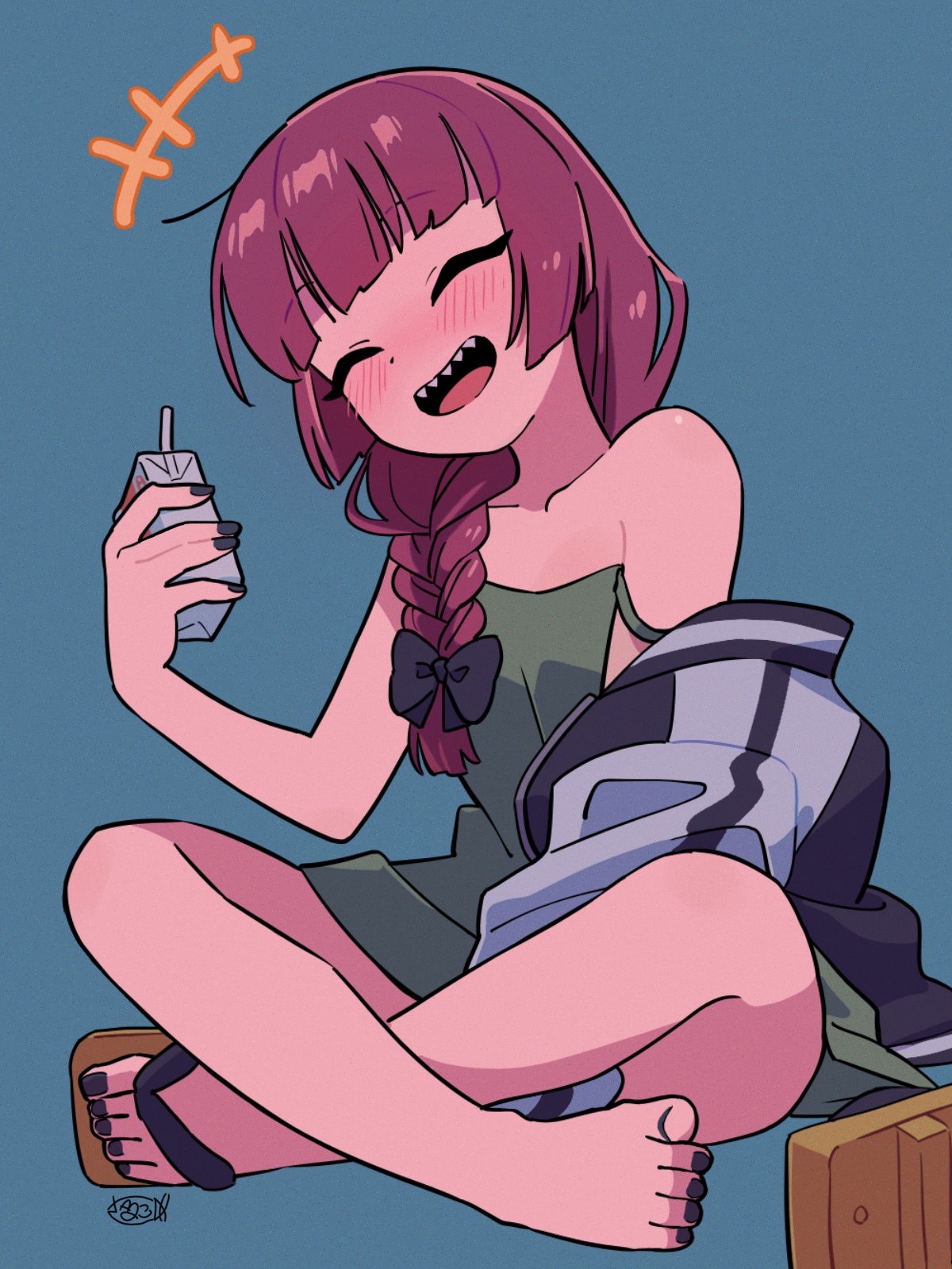 1girl, alcohol, bangs, black_bow, black_jacket, black_nails, blunt_bangs, bocchi_the_rock!, bow, braid, closed_eyes, dress, drunk, full_body, geta, green_dress, hair_bow, hair_over_shoulder, highres, hiroi_kikuri, holding_carton, jacket, long_hair, long_sleeves, multicolored_clothes, multicolored_jacket, open_clothes, open_jacket, open_mouth, purple_hair, sake, sanekome, sharp_teeth, simple_background, single_braid, sitting, smile, solo, teeth, two-tone_jacket, white_jacket