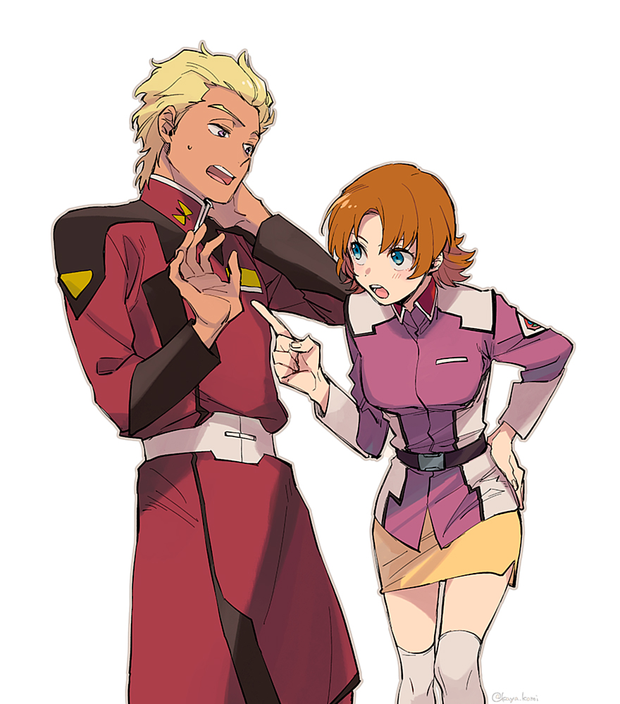 1boy, 1girl, bangs, blonde_hair, blue_eyes, breasts, brown_hair, cowboy_shot, dearka_elsman, gundam, gundam_seed, hair_slicked_back, hand_on_hip, hand_on_own_neck, jacket, leaning_forward, long_sleeves, looking_at_another, medium_breasts, military, military_uniform, miriallia_haw, open_mouth, parted_bangs, pencil_skirt, pink_jacket, pointing, pointing_at_another, red_jacket, short_hair, skirt, sweatdrop, tan, uniform, wakaya_hana, white_background, yellow_eyes, yellow_skirt