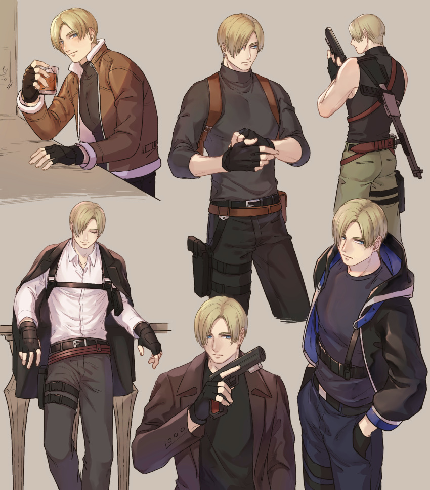 1boy, bangs, black_gloves, black_jacket, blonde_hair, blue_eyes, closed_eyes, cocktail