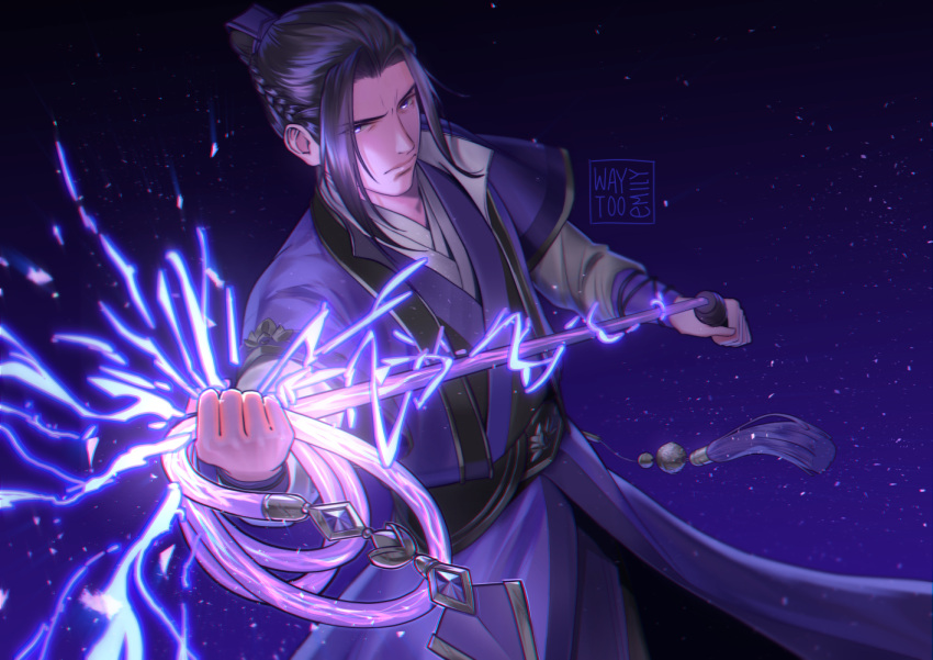 1boy, black_hair, braid, chinese_clothes, closed_mouth, commentary_request, cowboy_shot, dark_background