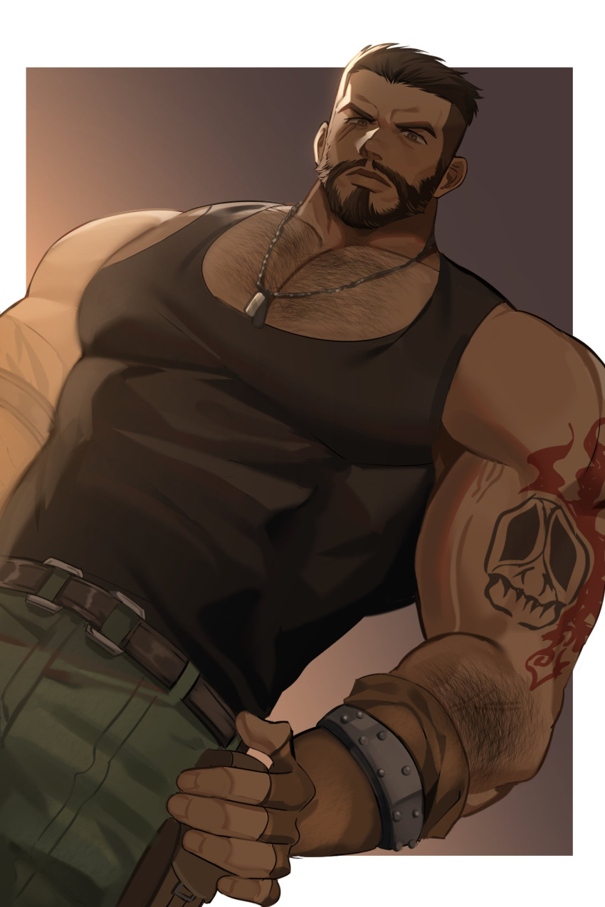 1boy, arm_hair, arm_tattoo, bare_shoulders, barret_wallace, beard, belt, black_hair, black_shirt, black_tank_top, border, brk_603, brown-framed_eyewear, brown_background, brown_eyes, chest_hair, closed_mouth, cowboy_shot, dark-skinned_male, dark_skin, dog_tags, facial_hair, final_fantasy, final_fantasy_vii, final_fantasy_vii_remake, fingerless_gloves, gloves, green_pants, hand_on_hip, highres, looking_at_viewer, male_focus, muscular, muscular_male, pants, pectorals, scar, scar_on_cheek, scar_on_face, shirt, short_hair, sleeveless, sleeveless_shirt, solo, tank_top, tattoo, very_short_hair, white_border