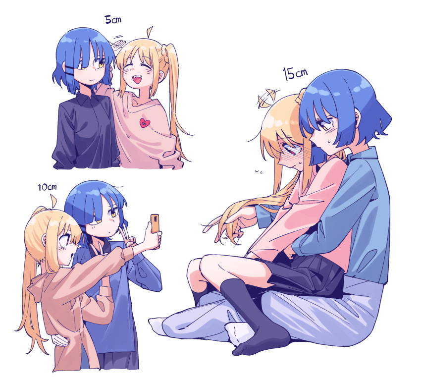 2girls, ahoge, bangs, black_skirt, blonde_hair, blue_hair, blush, bocchi_the_rock!, closed_mouth, collared_shirt, full_body, highres, ijichi_nijika, long_hair, long_sleeves, mole, mole_under_eye, multiple_girls, neonfloyd, open_mouth, pleated_skirt, red_eyes, shirt, short_hair, side_ponytail, sidelocks, simple_background, sitting, skirt, smile, white_background, yamada_ryou, yellow_eyes