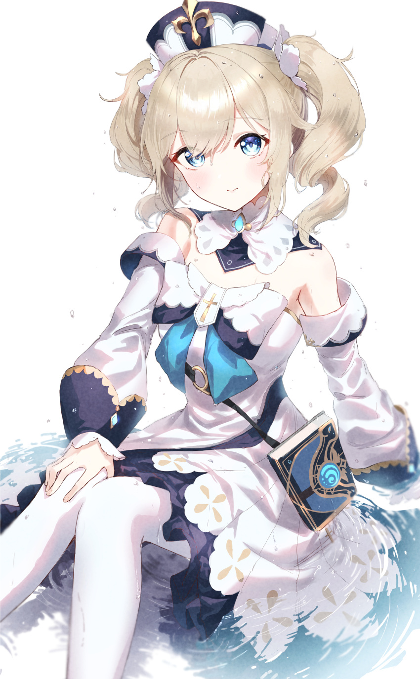 1girl, absurdres, bangs, barbara_(genshin_impact), blue_bow, blue_eyes, blue_gemstone, book, book_holster, book_strap, bow, breasts, closed_mouth, commentary, cross, dentaku_music, detached_collar, detached_sleeves, dress, dress_bow, drill_hair, feet_out_of_frame, frilled_dress, frills, gem, genshin_impact, hair_between_eyes, hair_ornament, hand_on_own_knee, hat, highres, latin_cross, light_brown_hair, looking_at_viewer, medium_hair, mini_hat, off-shoulder_dress, off_shoulder, pantyhose, sidelocks, simple_background, sitting, small_breasts, solo, swept_bangs, twin_drills, twintails, vision_(genshin_impact), water, water_drop, wet, white_background, white_dress, white_headwear, white_pantyhose, white_sleeves