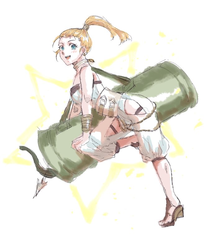 1girl, bag, bare_shoulders, blonde_hair, blue_eyes, breasts, choker, chrono_trigger, full_body, himmeldavenport, jewelry, long_hair, looking_at_viewer, marle_(chrono_trigger), open_mouth, ponytail, simple_background, smile, solo, white_background