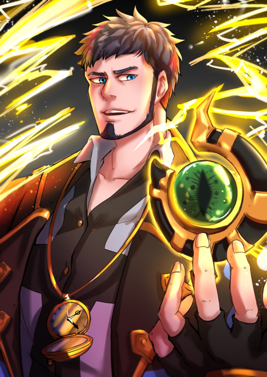 1boy, aa26748374, amulet, beard, blue_eyes, clock, coat, collared_shirt, facial_hair, fingerless_gloves, gem, gloves, glowing, gyee, highres, light_particles, looking_to_the_side, male_focus, manly, master_(gyee), mature_male, open_clothes, open_coat, open_mouth, shirt, short_hair, solo, spiky_hair, teeth, thunder, upper_body