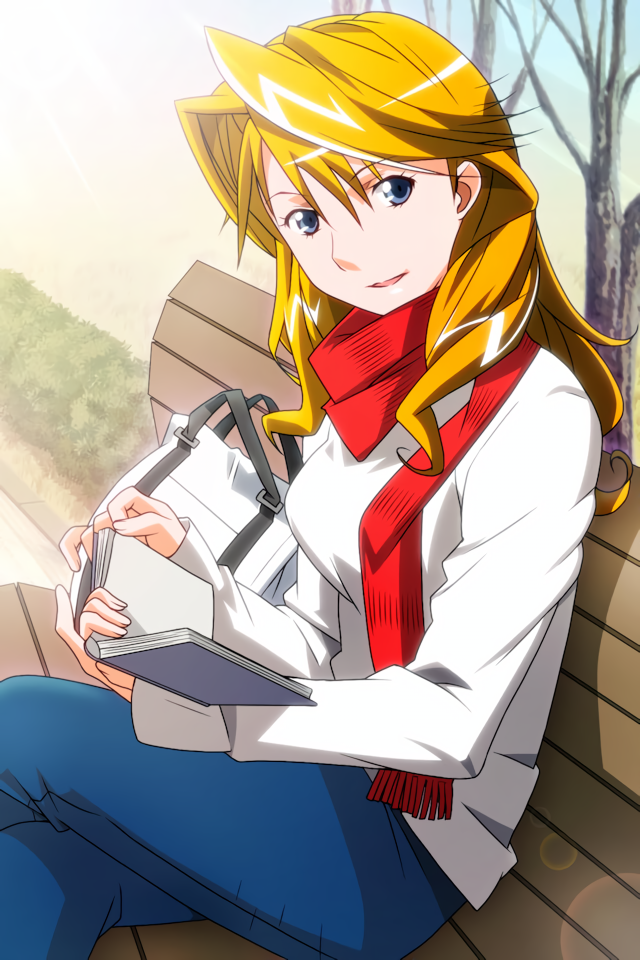 1girl, bangs, blonde_hair, blue_eyes, book, christine_garland, crossed_legs, day