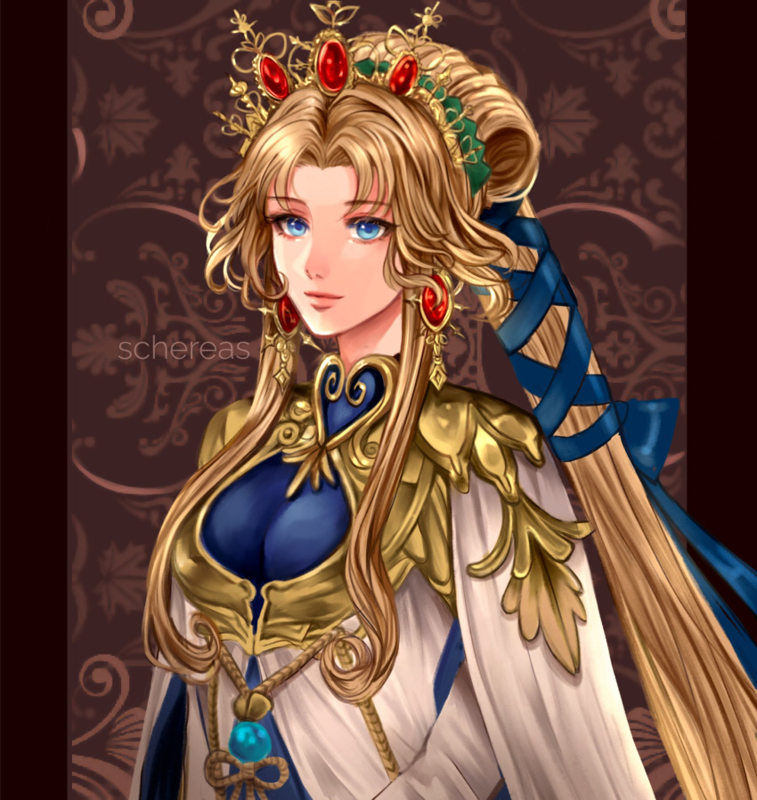 1girl, absurdly_long_hair, blonde_hair, blue_eyes, breasts, crown, dress, fire_emblem