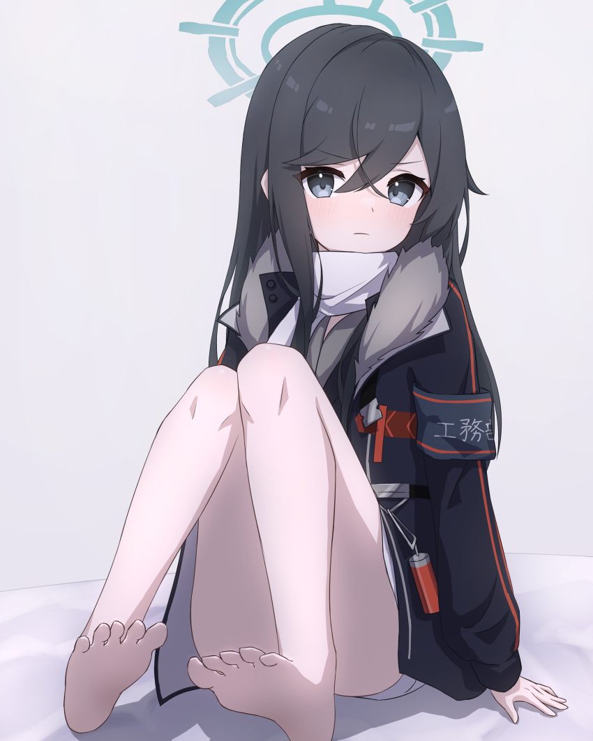 1girl, absurdres, armband, bangs, bare_legs, barefoot, black_hair, blue_archive, closed_mouth, fur_trim, halo, highres, long_hair, long_sleeves, looking_at_viewer, seika_(eevz2274), solo, swept_bangs