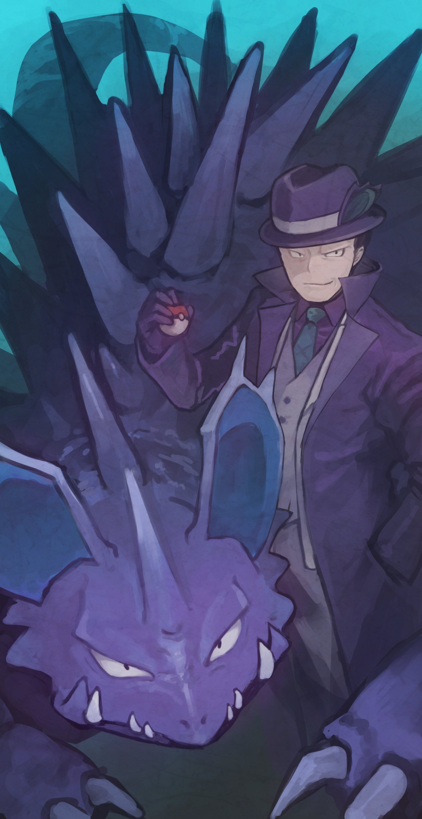 1boy, absurdres, blue_coat, coat, collared_shirt, colored_skin, giovanni_(pokemon), giovanni_(sygna_suit)_(pokemon), gloves, grin, highres, holding, holding_poke_ball, looking_at_viewer, male_focus, necktie, nidoking, nikuzaiku, official_alternate_costume, poke_ball, poke_ball_(basic), pokemon, pokemon_(game), pokemon_masters_ex, purple_skin, shirt, smile, tail