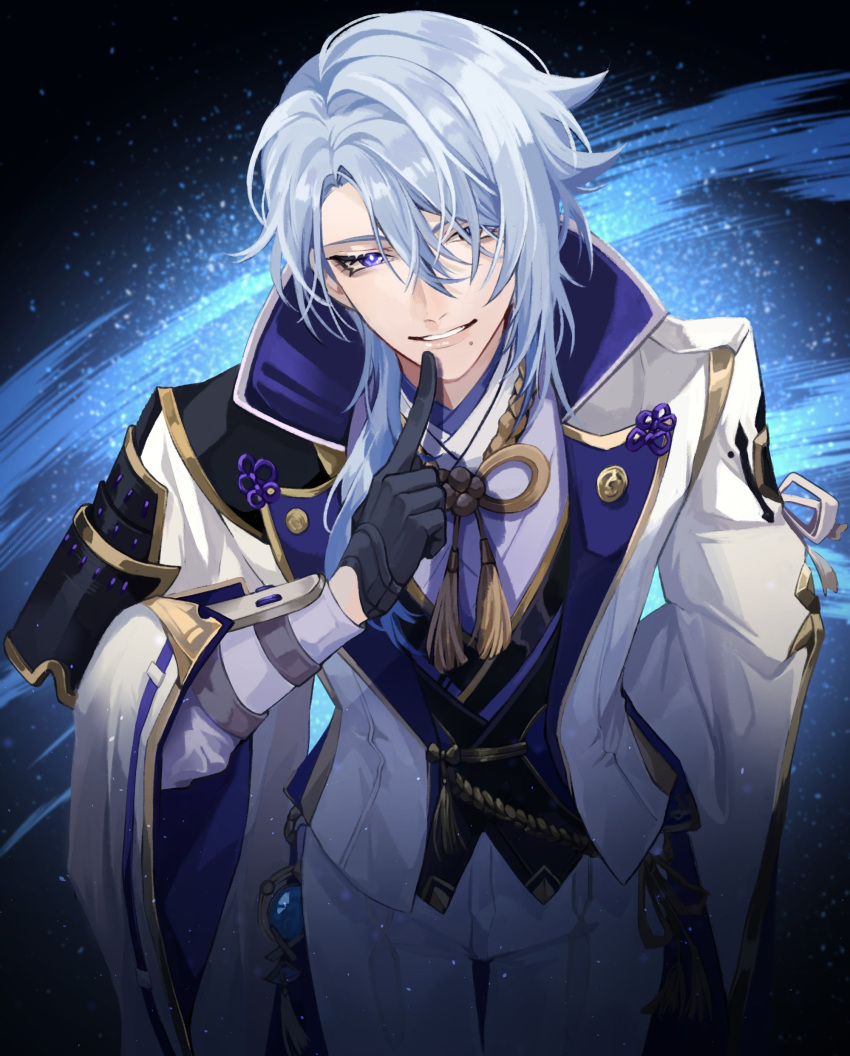 1boy, absurdres, arm_guards, armor, bangs, black_gloves, blue_background, blue_hair