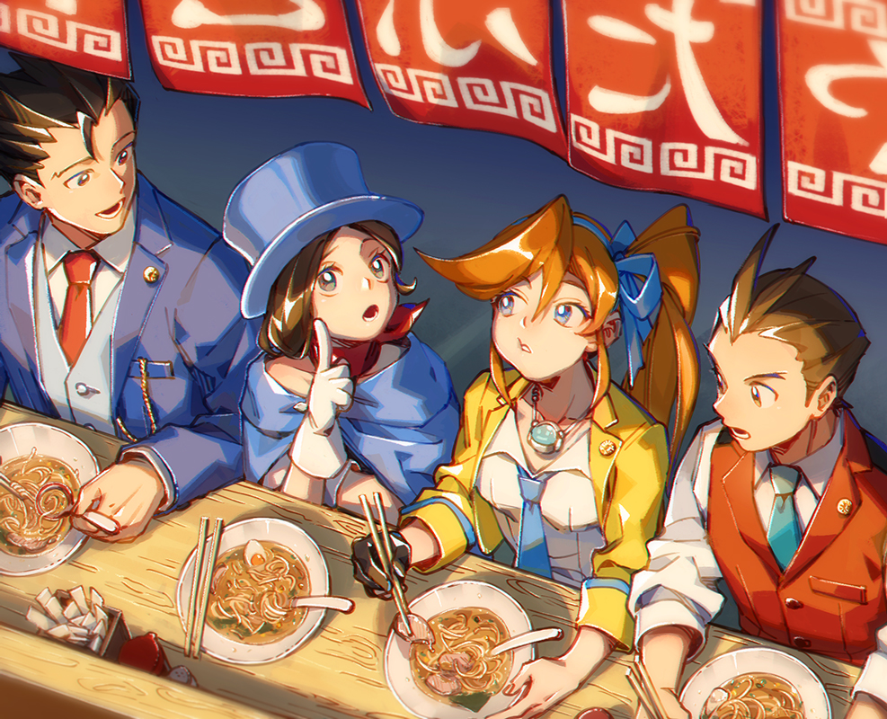 2boys, 2girls, ace_attorney, antenna_hair, apollo_justice, ascot, athena_cykes, black_hair