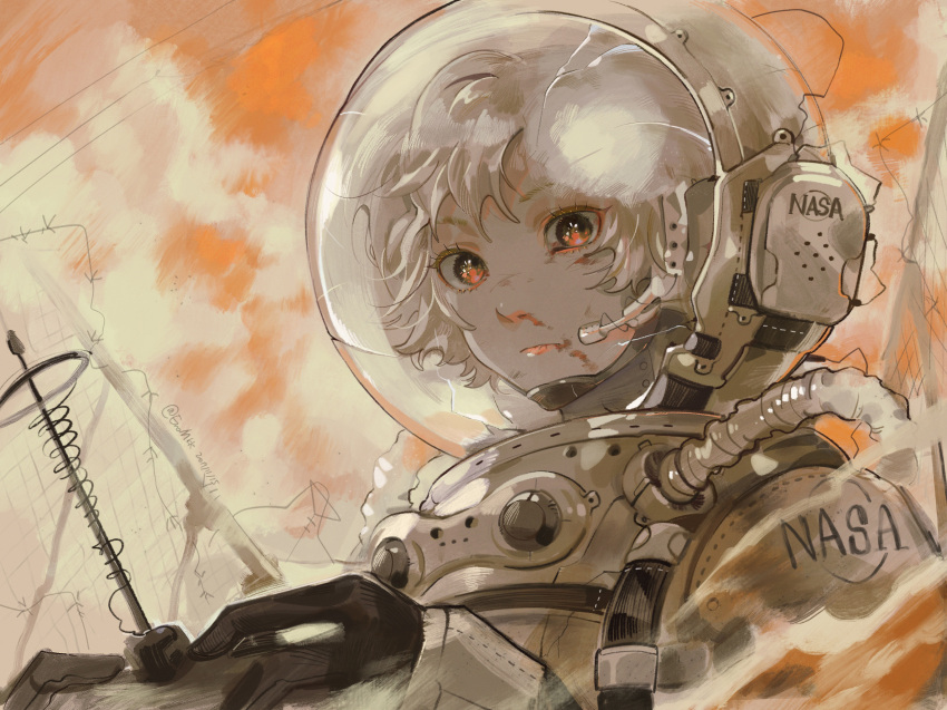 1girl, bangs, barbed_wire, blood, blood_on_face, brown_theme, chinese_commentary, clouds