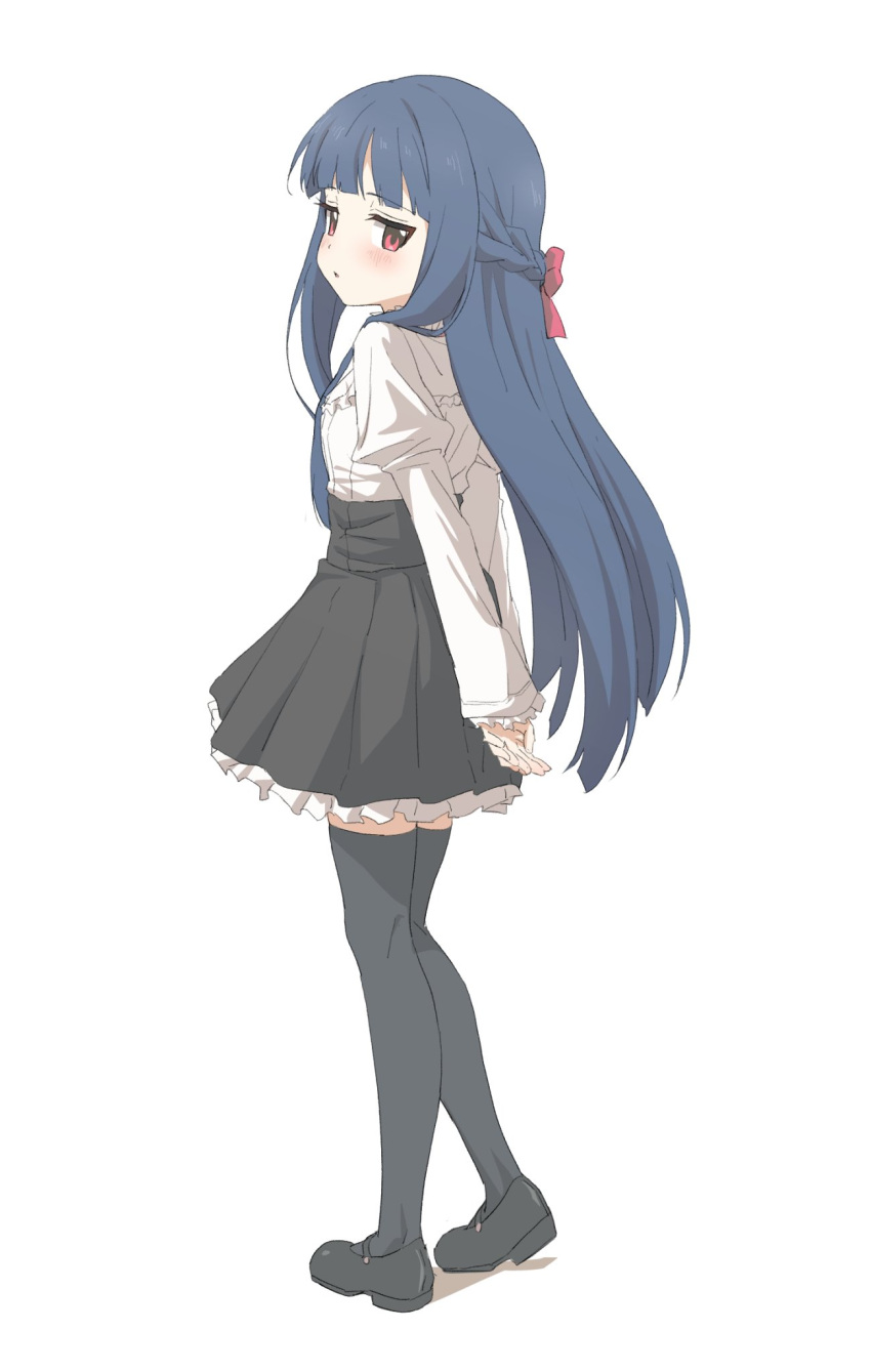 1girl, black_footwear, black_skirt, black_thighhighs, bow, braid, french_braid, frilled_shirt
