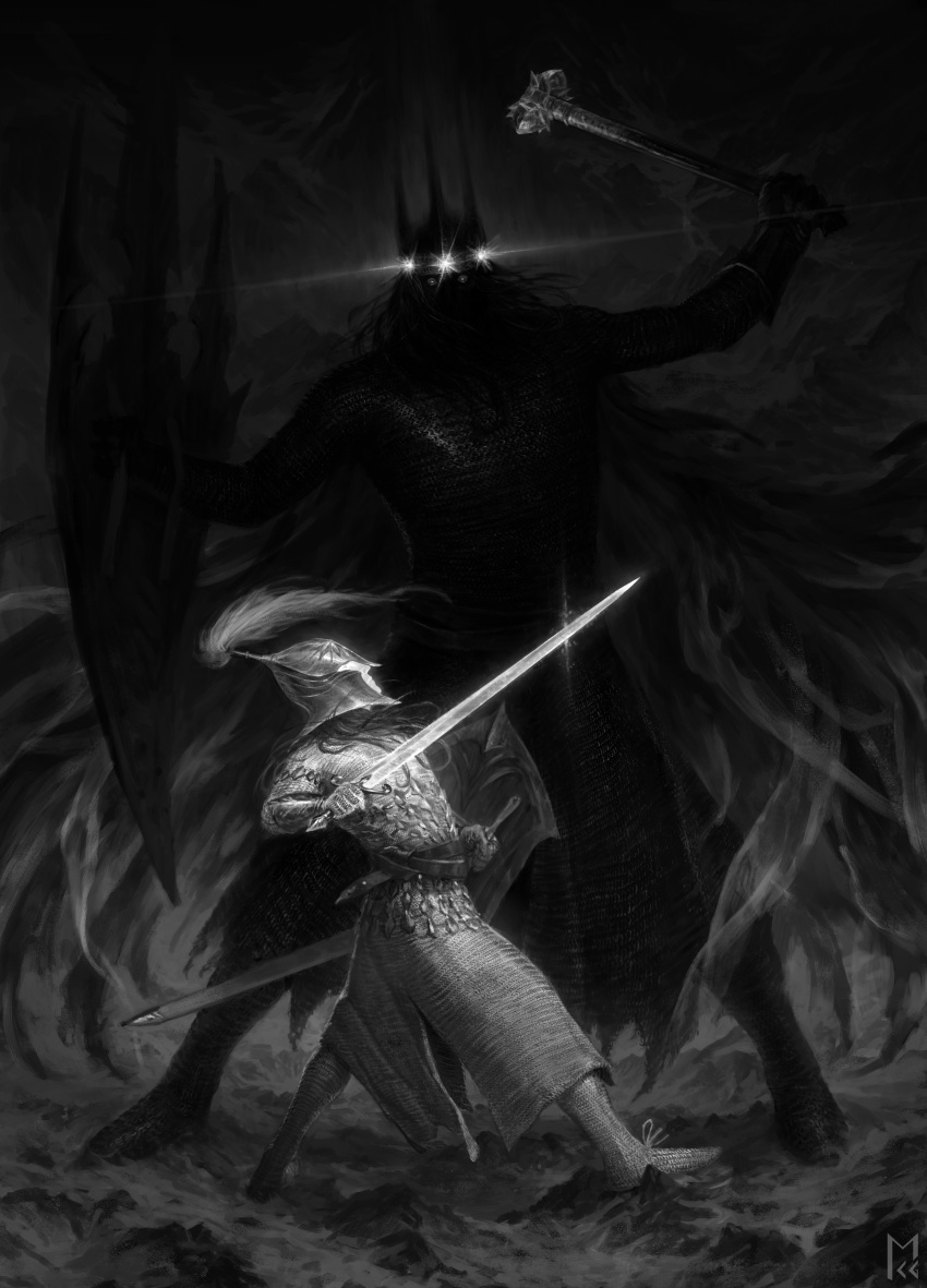 2boys, absurdres, armor, belt, cape, fingolfin, full_armor, greyscale