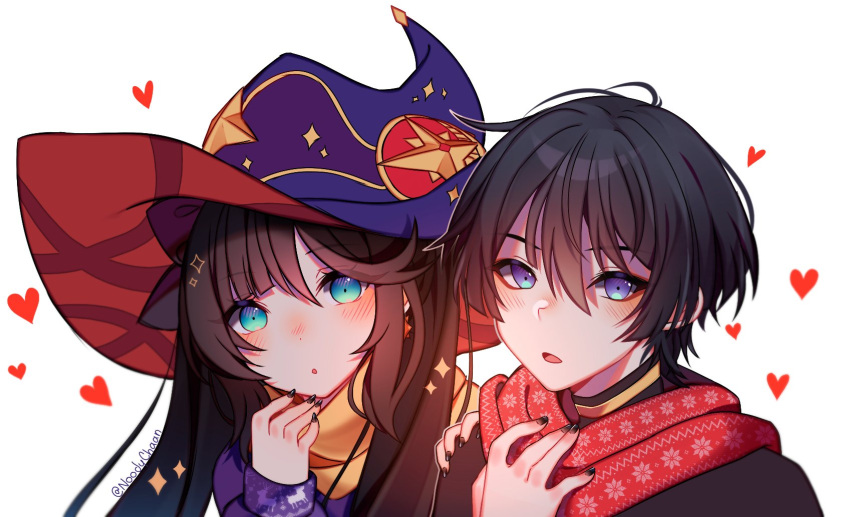 1boy, 1girl, animal_print, aqua_eyes, artist_name, bangs, black_hair, black_nails