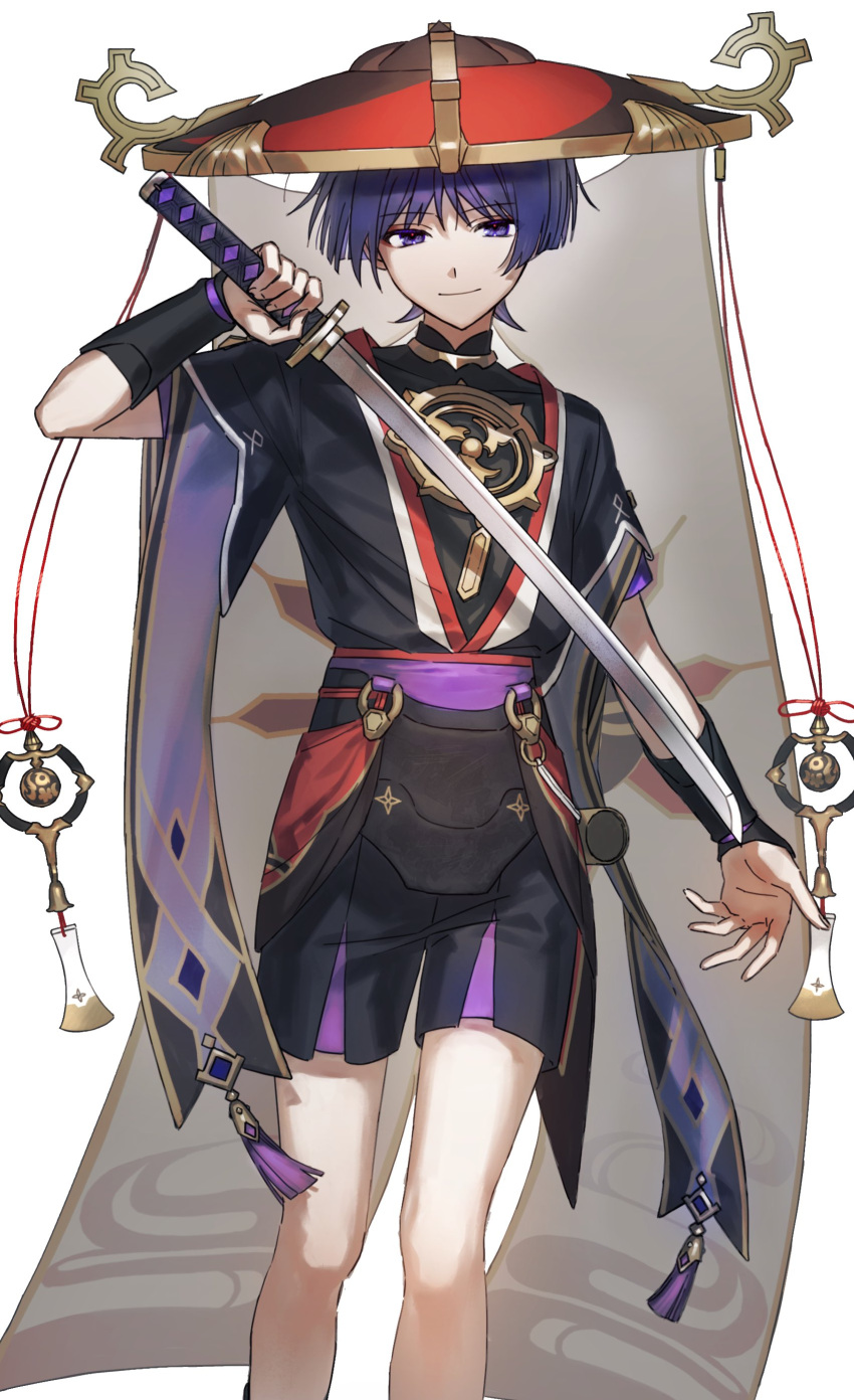 1boy, absurdres, arm_armor, arm_up, bangs, belt, black_shirt, black_shorts, black_vest, blunt_ends, brown_headwear, closed_mouth, fingernails, genshin_impact, gold, hair_between_eyes, hand_up, hat, highres, holding, holding_weapon, jewelry, jingasa, katana, looking_at_viewer, male_focus, mandarin_collar, mitsudomoe_(shape), nacl5844277, necklace, open_clothes, open_vest, pom_pom_(clothes), purple_belt, purple_hair, red_headwear, scaramouche_(genshin_impact), shirt, short_hair, short_sleeves, shorts, simple_background, smile, solo, standing, sword, tomoe_(symbol), vest, violet_eyes, weapon, white_background