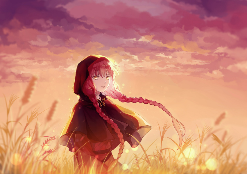 1girl, bangs, braid, butterfly_ornament, capelet, clouds, cloudy_sky, fata_morgana_no_yakata
