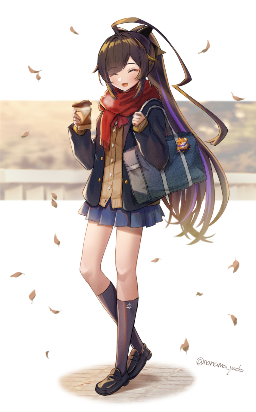 1girl, :d, ahoge, autumn, bag, bangs, black_footwear, black_jacket, black_socks, blue_skirt, blush, brown_vest, closed_eyes, coffee_cup, cup, disposable_cup, doyamona, falling_leaves, highres, holding, holding_bag, holding_cup, huge_ahoge, jacket, leaf, long_hair, looking_at_viewer, miniskirt, open_mouth, pleated_skirt, red_scarf, saki_fuwa_(tower_of_fantasy), scarf, school_uniform, shoes, skirt, smile, socks, solo, tower_of_fantasy, very_long_hair, vest