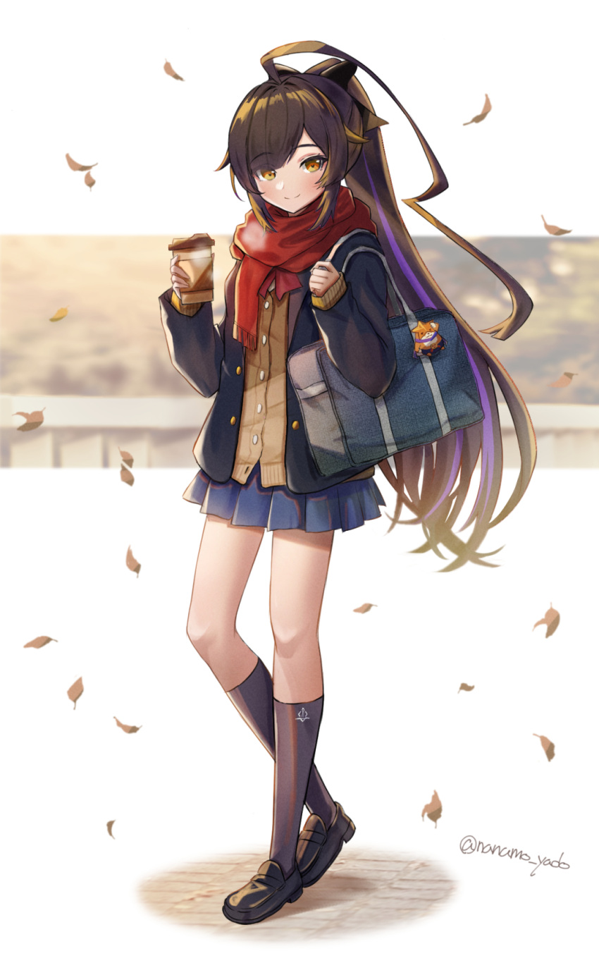 1girl, ahoge, autumn, bag, bangs, black_footwear, black_jacket, black_socks, blue_skirt, blush, brown_vest, coffee_cup, cup, disposable_cup, doyamona, falling_leaves, highres, holding, holding_bag, holding_cup, huge_ahoge, jacket, leaf, long_hair, looking_at_viewer, miniskirt, pleated_skirt, red_scarf, saki_fuwa_(tower_of_fantasy), scarf, school_uniform, shoes, skirt, smile, socks, solo, tower_of_fantasy, very_long_hair, vest, yellow_eyes
