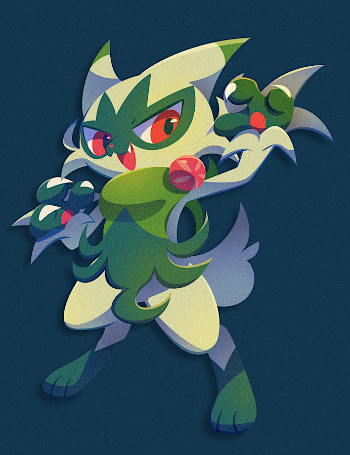 :d, aqua_background, claws, commentary_request, fang, film_grain, floragato, full_body