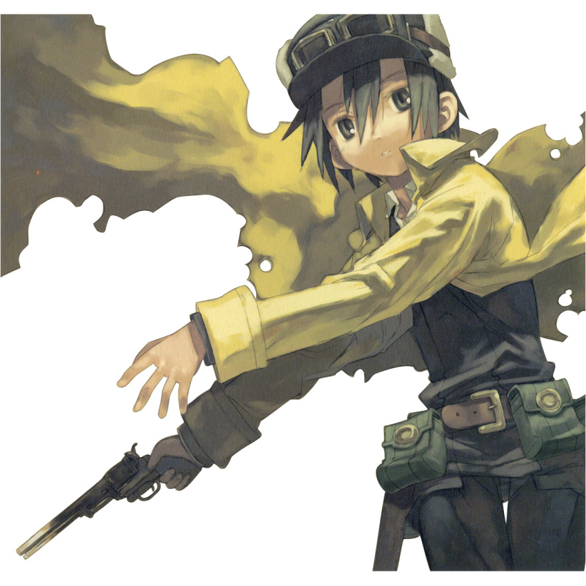 belt, bullet_holes, extraction, goggles, gun, hat, kino, kino_no_tabi