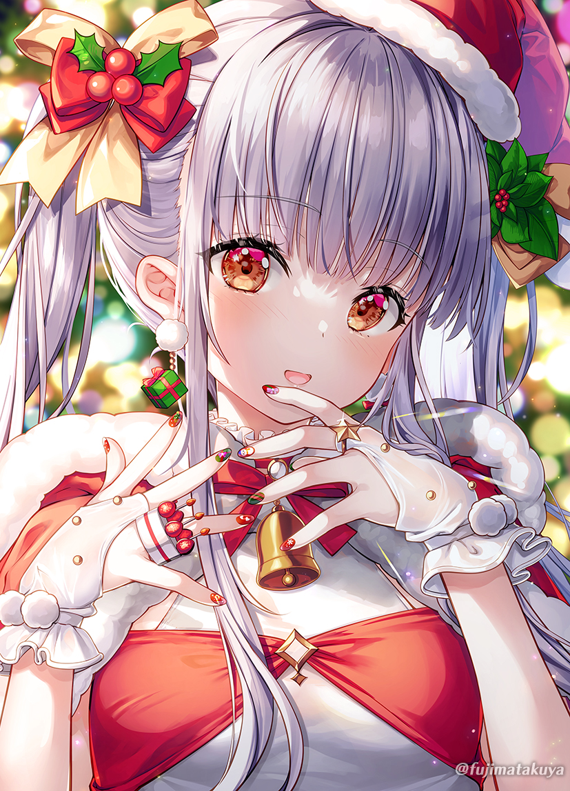 1girl, :d, bangs, bell, blurry, blurry_background, bow, box