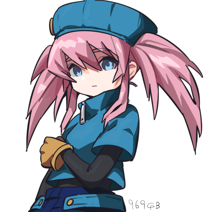 1girl, 969gb, blue_eyes, closed_mouth, cosplay, gloves, hat, kaze_no_klonoa, klonoa, klonoa_(cosplay), long_hair, looking_at_viewer, official_alternate_costume, pac-man_(game), pink_hair, presea_combatir, simple_background, solo, tales_of_(series), tales_of_symphonia, twintails, white_background