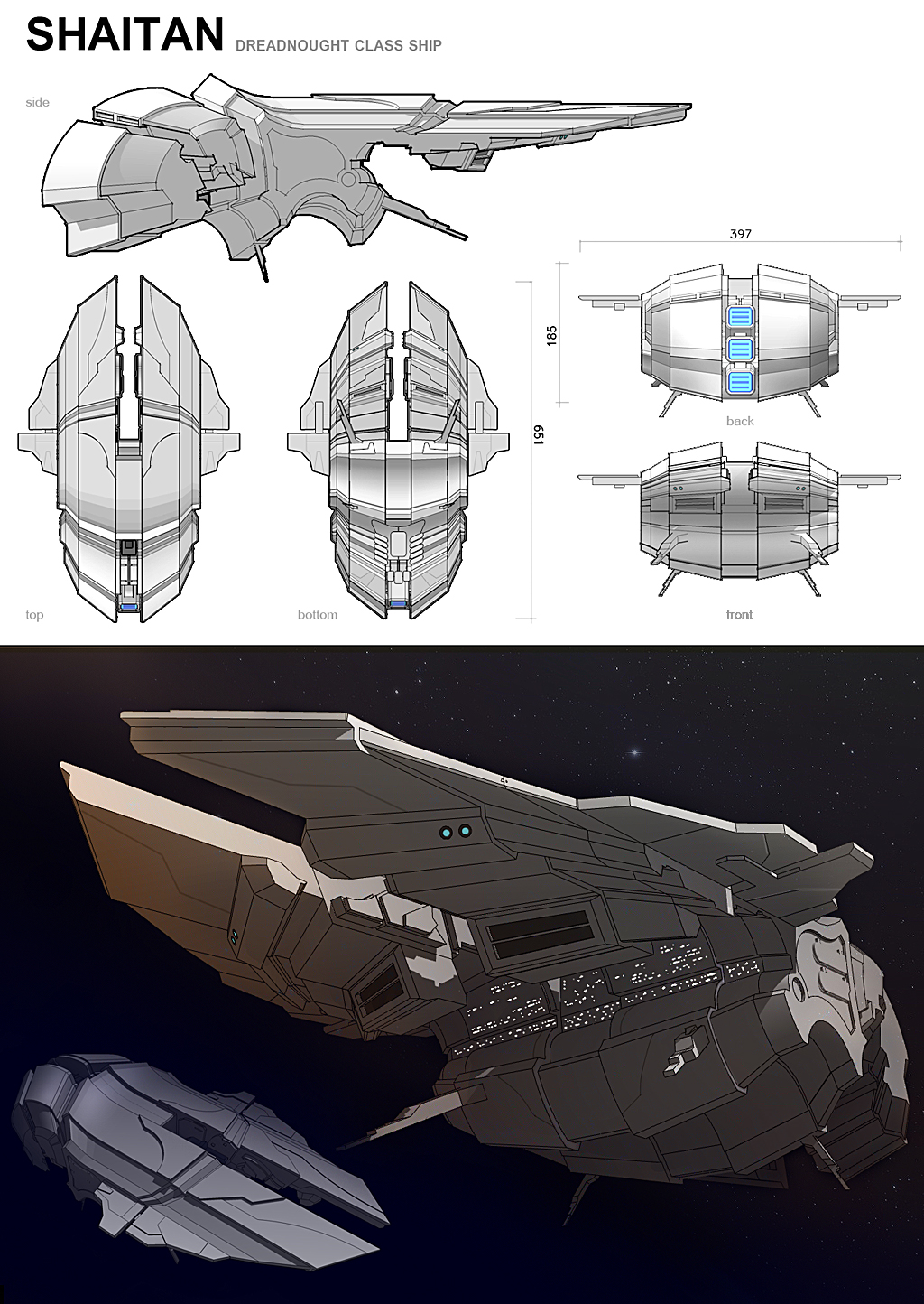 3d, battleship_(eve_online), commentary, concept_art, english_text, eve_online, from_above, from_behind, from_below, from_side, highres, military, military_vehicle, multiple_views, outdoors, polarlex, science_fiction, sky, space, spacecraft, star_(sky), starry_sky, thrusters, vehicle_focus