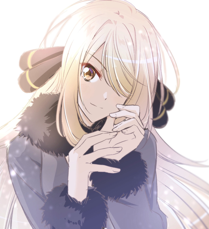 1girl, blonde_hair, coat, cynthia_(pokemon), fur-trimmed_coat, fur_trim, hair_over_one_eye, hand_on_own_face