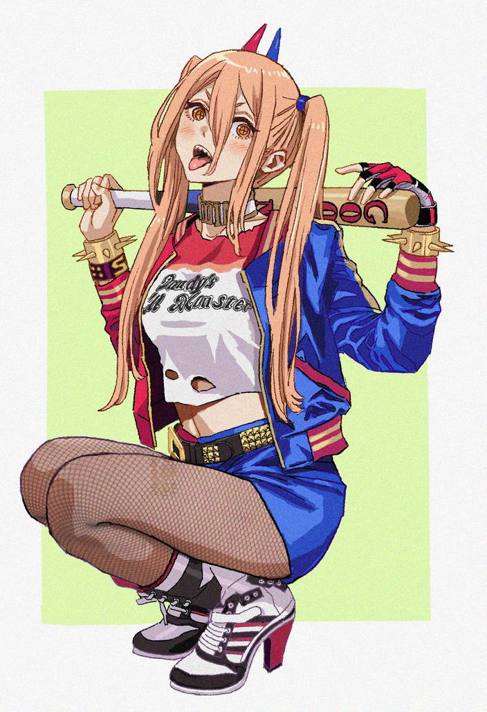 1girl, baseball_bat, belt, blonde_hair, blush, bracelet, breasts, chainsaw_man, commentary_request, cosplay, crop_top, cross-shaped_pupils, dc_comics, dc_extended_universe, fishnet_pantyhose, fishnets, hair_between_eyes, harley_quinn, harley_quinn_(cosplay), high_heels, holding, holding_baseball_bat, horns, jacket, jewelry, long_hair, looking_at_viewer, midriff, open_mouth, orange_eyes, pantyhose, power_(chainsaw_man), revision, sharp_teeth, shiren_(ourboy83), shirt, shorts, solo, spiked_bracelet, spikes, squatting, suicide_squad, symbol-shaped_pupils, teeth, tongue, tongue_out, torn_clothes, torn_shirt, twintails